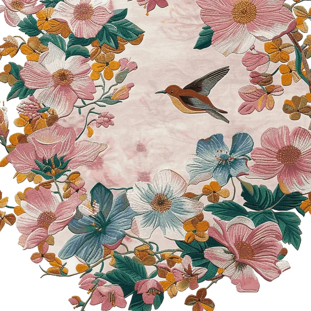 This vibrant area rug showcases a beautiful floral design with pink, white, and blue blossoms intertwined with green leaves and a bird, perfect for adding a touch of spring to your living room. Made from wool, this 8x10 rug combines elegance and durability, ideal for any home decor.