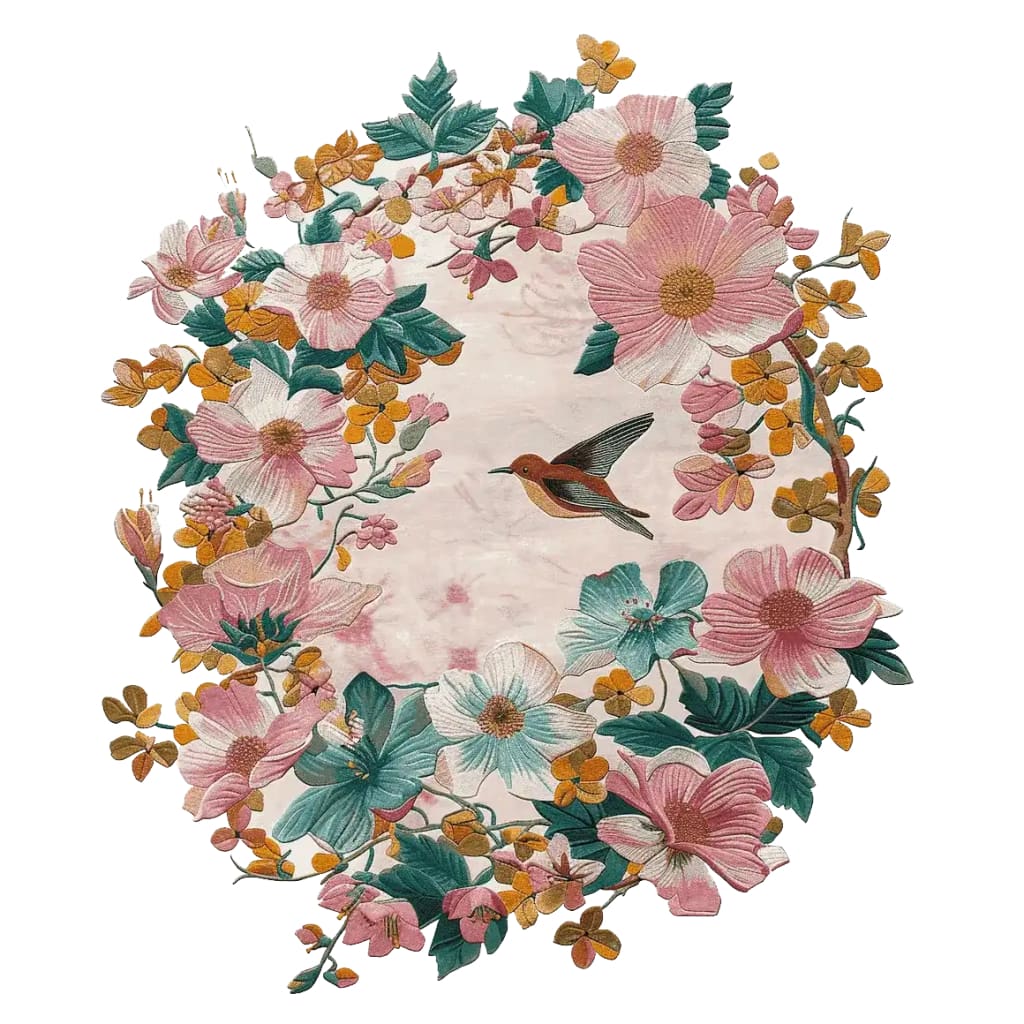 A beautifully crafted area rug featuring a vibrant floral design with pink and yellow flowers and a hummingbird in the center. This hand-tufted wool rug brings a touch of spring to any living room, perfect in an 8x10 size.