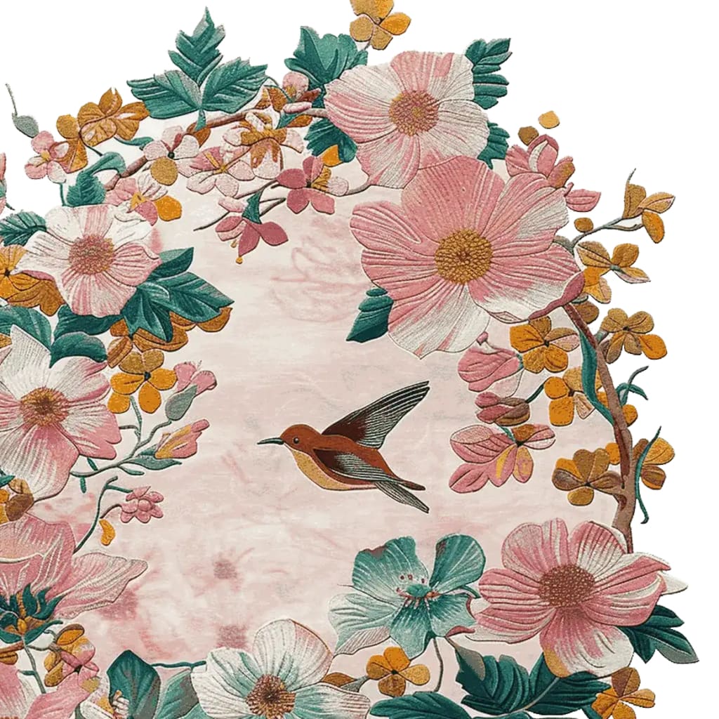 Beautiful area rug featuring a vibrant floral design with pink and white flowers and a bird in flight, hand-tufted from wool. Perfect as a living room rug in an 8x10 size, this floral rug adds a charming touch to any space.