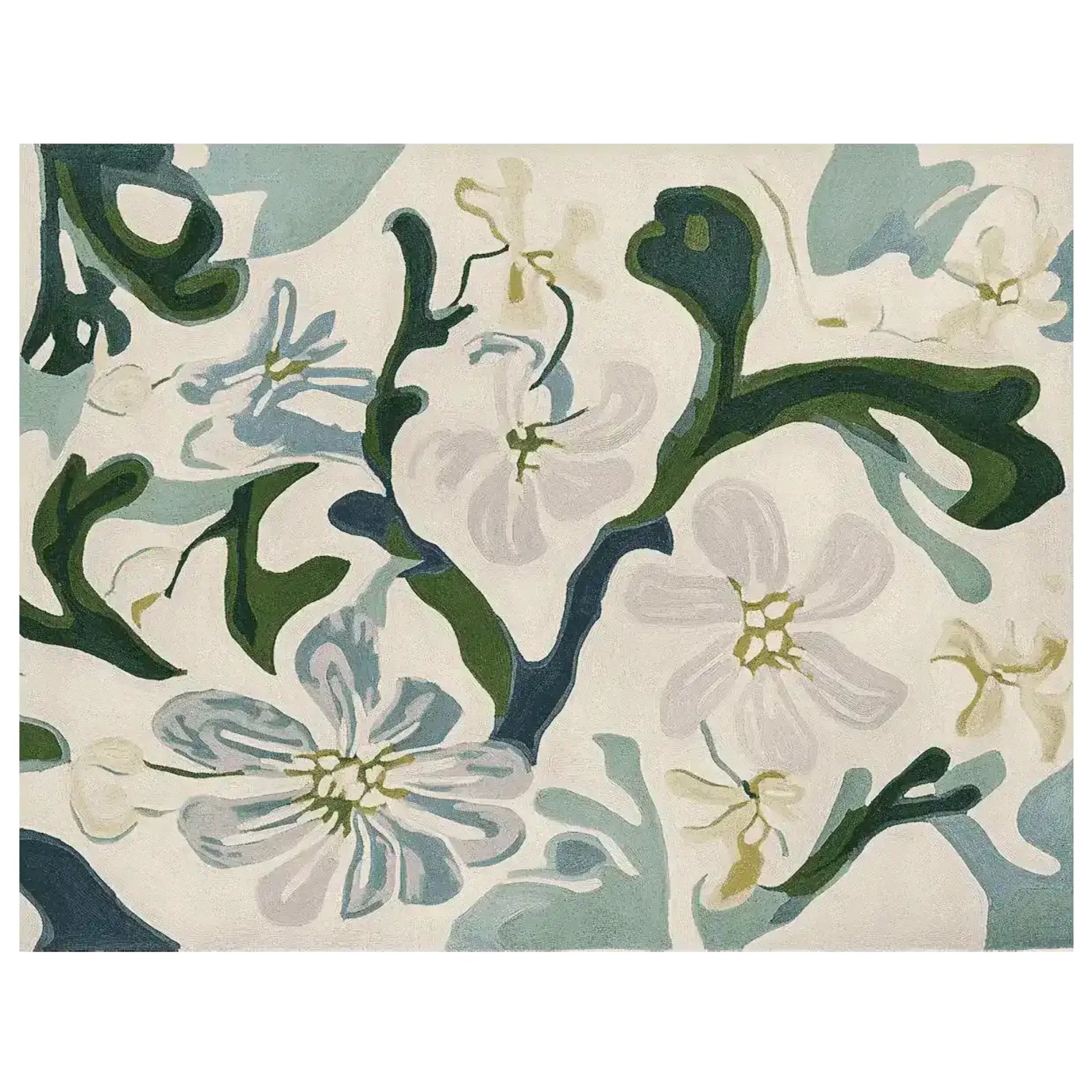 The Spring Meadow Flow Hand Tufted Rug features an artistic floral design with soft, sweeping green and blue hues, perfect for adding a touch of elegance to any living room. This contemporary wool area rug combines style and comfort, making it an ideal choice for those seeking rugs for living rooms.