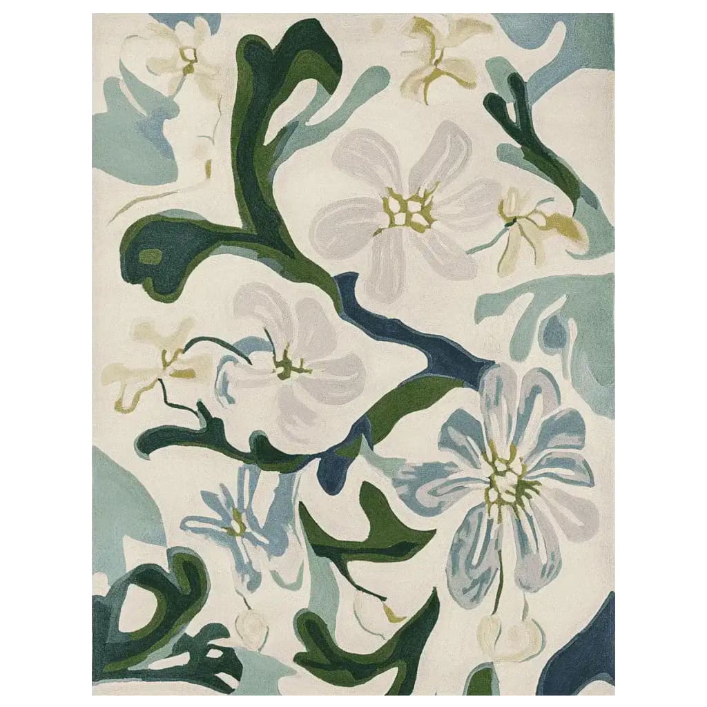 Beautiful area rug with a contemporary design, featuring a floral pattern in shades of green, blue, and white. This wool rug adds elegance to any living room decor, making it a perfect choice for those seeking stylish rugs for living room spaces.