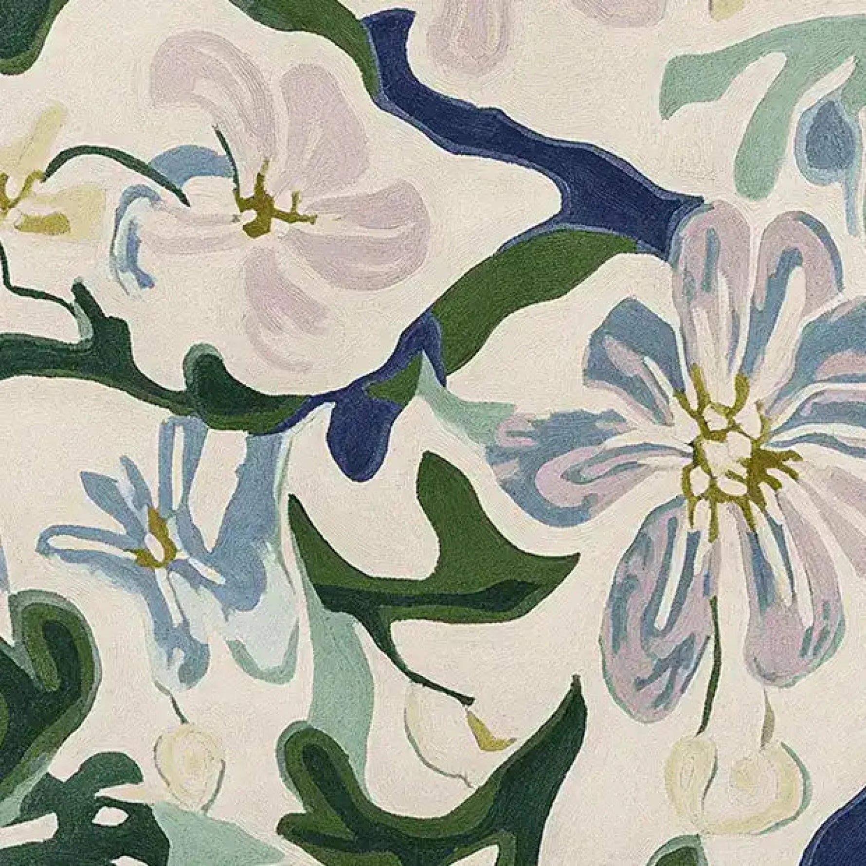 Close-up of the Spring Meadow Flow Hand Tufted Area Rug, showcasing its contemporary floral design with soft, pastel colors. This wool rug is an elegant addition to any living room decor.