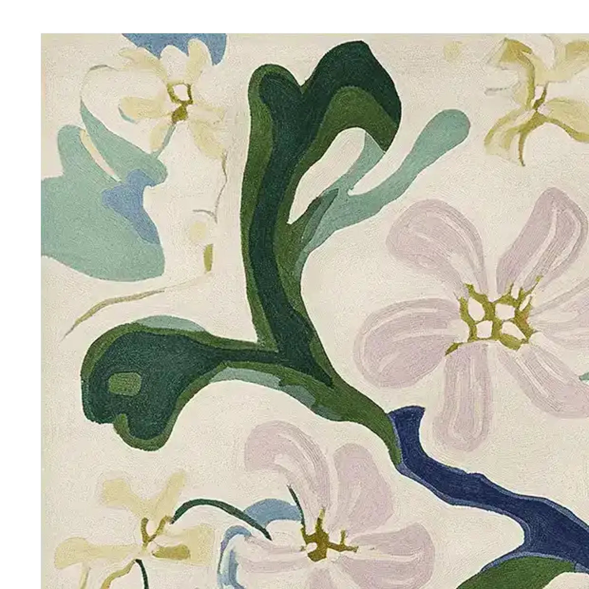 Close-up of the Spring Meadow Flow Hand Tufted Area Rug, showcasing a contemporary design with abstract floral patterns in soft pastels. This wool rug is perfect for adding a touch of elegance to any living room.