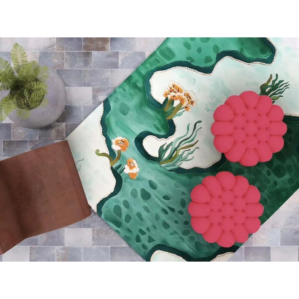 Top view of the Springtime Reflections Hand Tufted Rug, featuring an abstract design with vibrant greens and floral patterns, perfect for a contemporary living room. This 8x10 wool area rug adds a splash of color and style, making it an ideal large area rug for living room spaces.