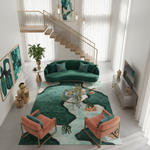 Modern living room with green sofa, pink chairs, and a geometric rug.