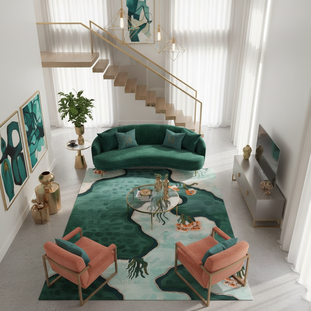 Modern living room with green sofa, pink chairs, and a geometric rug.