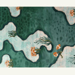 The Springtime Reflections Hand Tufted Area Rug features an abstract design with flowing green and cream patterns, accented by delicate orange floral motifs. This contemporary wool rug in an 8x10 size adds a fresh and artistic touch to large living rooms, perfect for those seeking a unique and stylish large area rug.