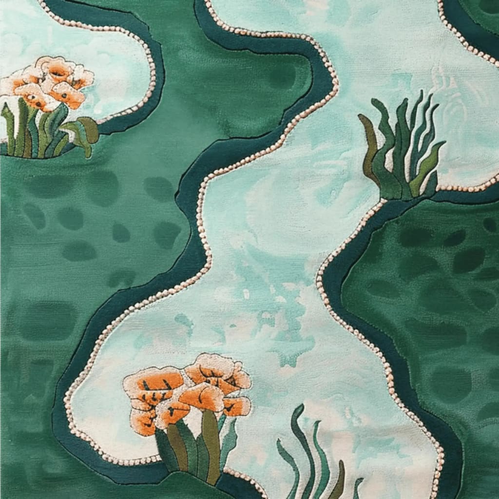 Springtime Reflections Hand Tufted Area Rug showcasing a contemporary design with flowing abstract patterns in shades of green and blue, featuring floral accents. This wool rug is perfect for living room spaces, especially in 8x10 dimensions, adding a fresh touch to large area rugs for the living room.