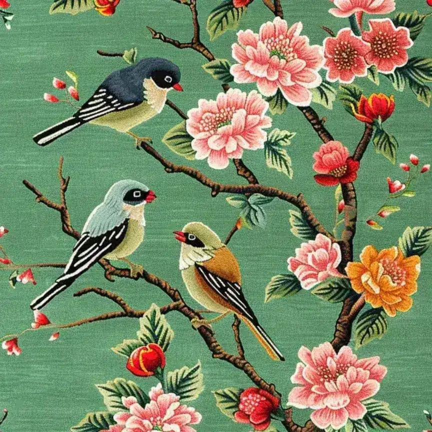 This beautiful wool rug, titled 'Springtime Serenade Hand Tufted Rug', showcases a vibrant design with colorful birds and blooming flowers on a green backdrop. Perfect as a square area rug for living rooms, this large area rug adds a touch of nature and elegance to any space.