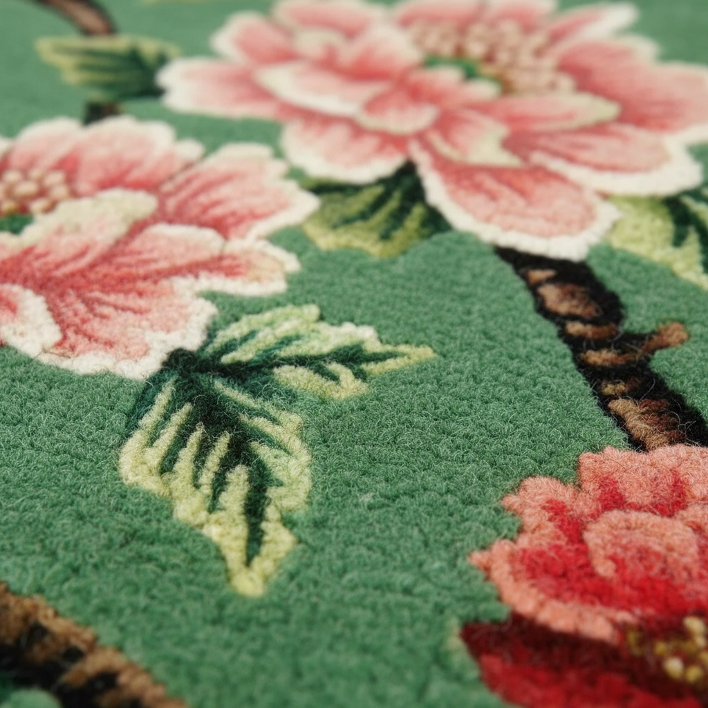 Close-up of a floral patterned rug with pink flowers and green leaves.