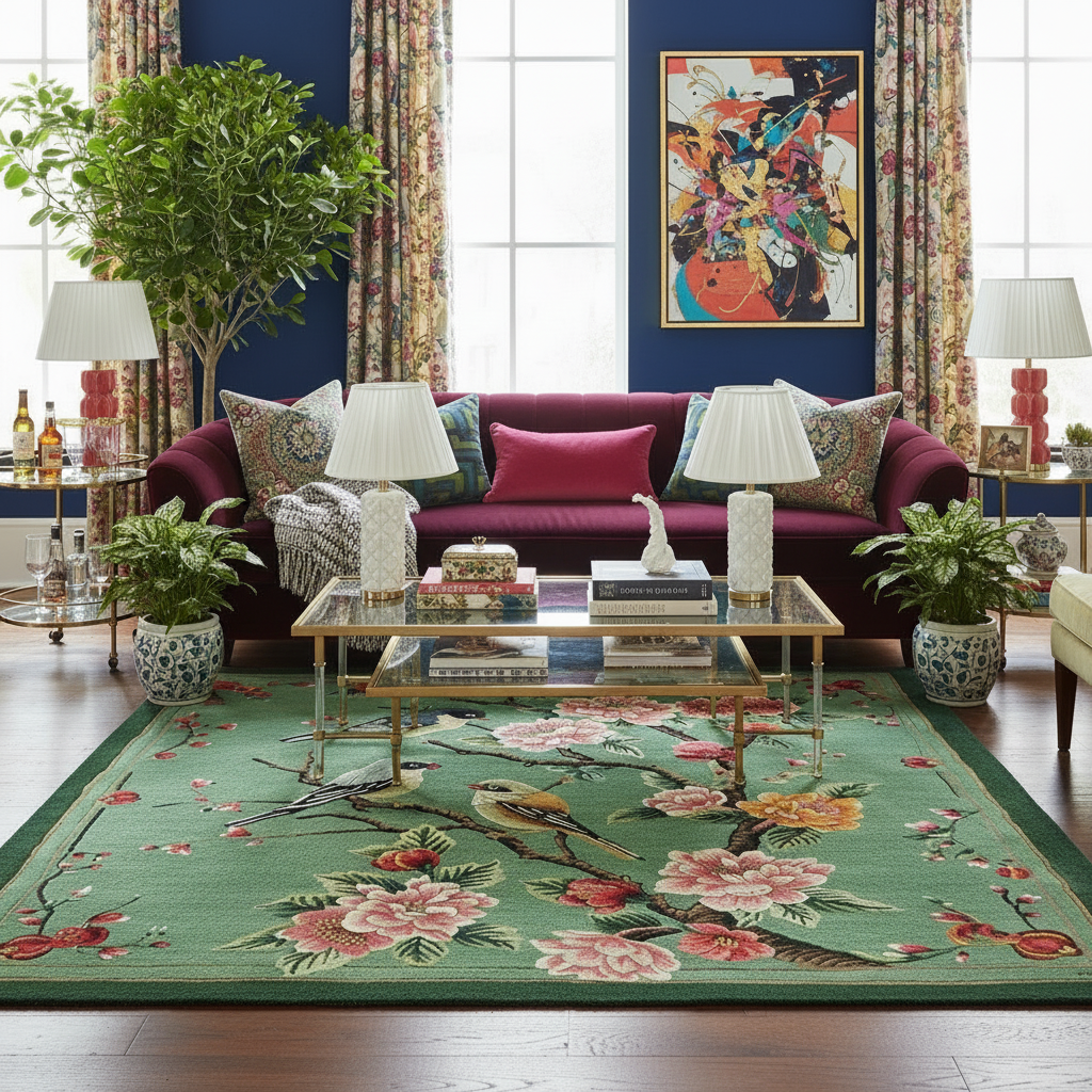 Living room with a floral rug, purple sofa, and colorful artwork on a blue wall.