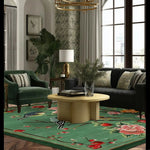 Elegant living room featuring the Springtime Serenade Hand Tufted Rug, a large wool square area rug with a vibrant floral design. Perfect for adding a touch of nature to your living room decor, this area rug complements the dark green velvet armchair and sleek black sofa, creating a cozy and stylish atmosphere.