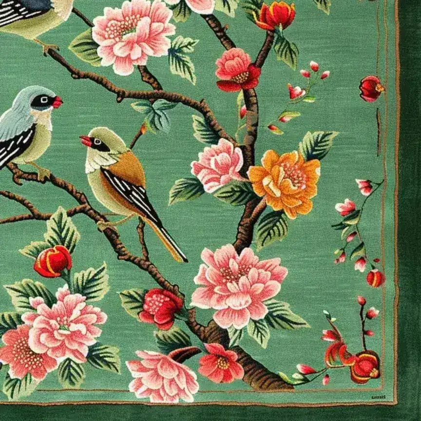 This vibrant square area rug, perfect for a living room, features a hand-tufted wool design with intricate floral and bird motifs. The large area rug showcases detailed pink, red, and yellow flowers, along with perched birds, set against a rich green background. Ideal for adding a touch of nature and elegance to your living space.