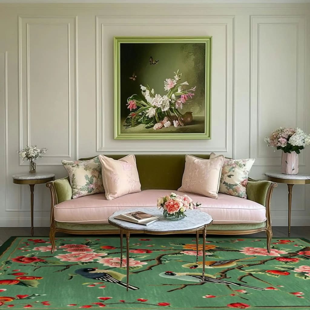 A beautifully decorated living room featuring a Springtime Serenade Hand Tufted rug. This large square area rug, perfect for living rooms, is crafted from wool and showcases vibrant floral and bird patterns. The rug complements the elegant pink and green sofa and the classic art piece on the wall, creating a harmonious and inviting setting.