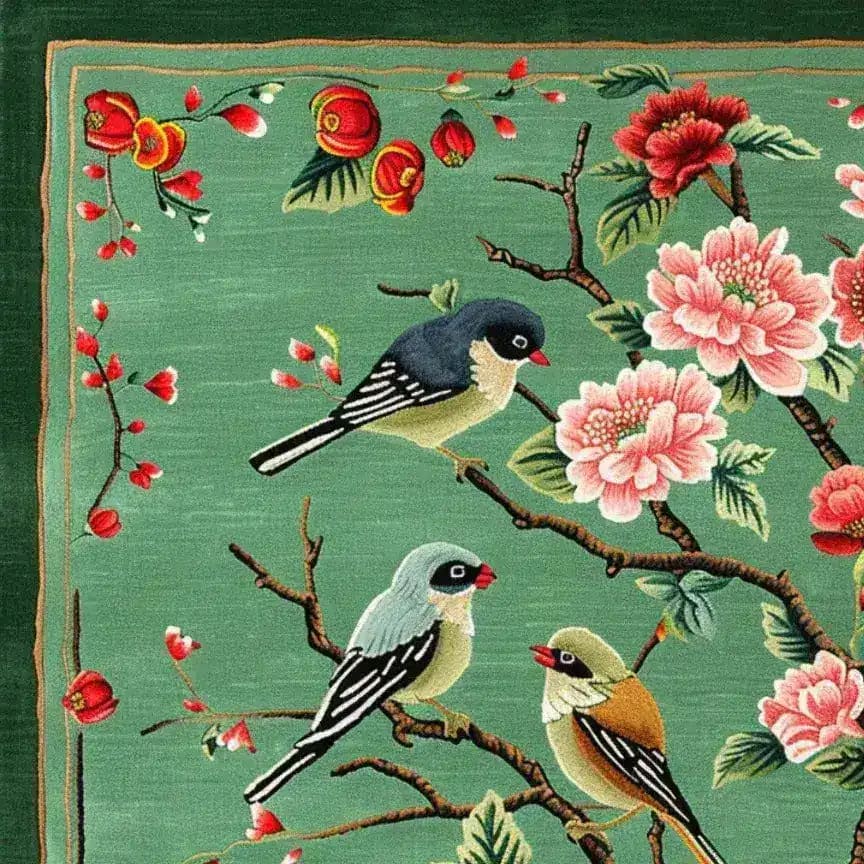 A detailed section of the Springtime Serenade Hand Tufted Rug, showcasing a vibrant design with colorful birds perched on branches and lush flowers on a green background. Perfect for adding a touch of elegance to living room spaces, this wool square area rug combines style and comfort, ideal as a large area rug for the living room.