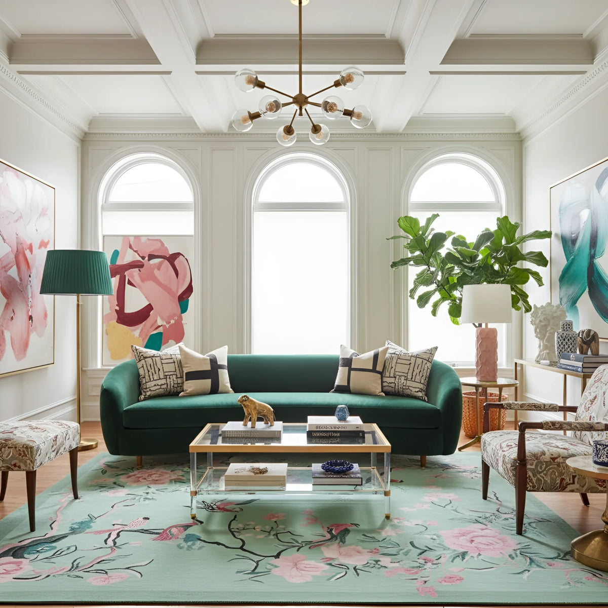 Modern living room with a green sofa, floral rug, and colorful artwork.