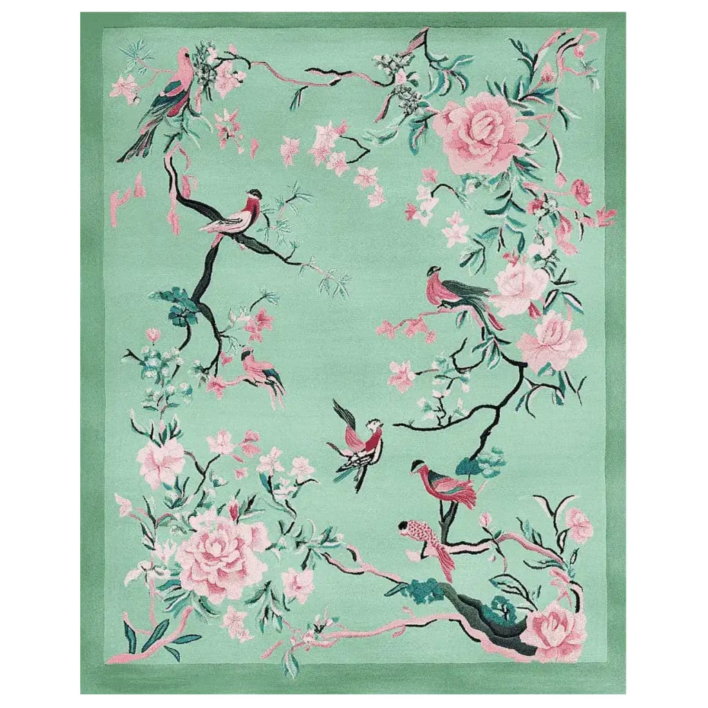 Beautiful Springtime Tale Hand Tufted Area Rug showcasing an elegant design of birds and flowers on a soft green background, perfect as a wool rug for living rooms.