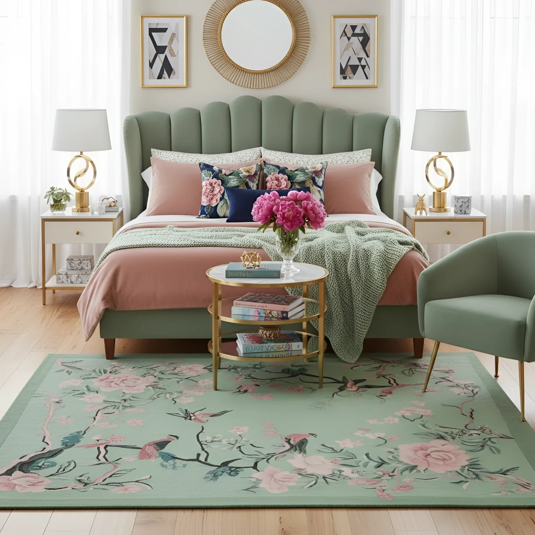 Decorative bedroom with floral green bird rug, bed, and side tables.