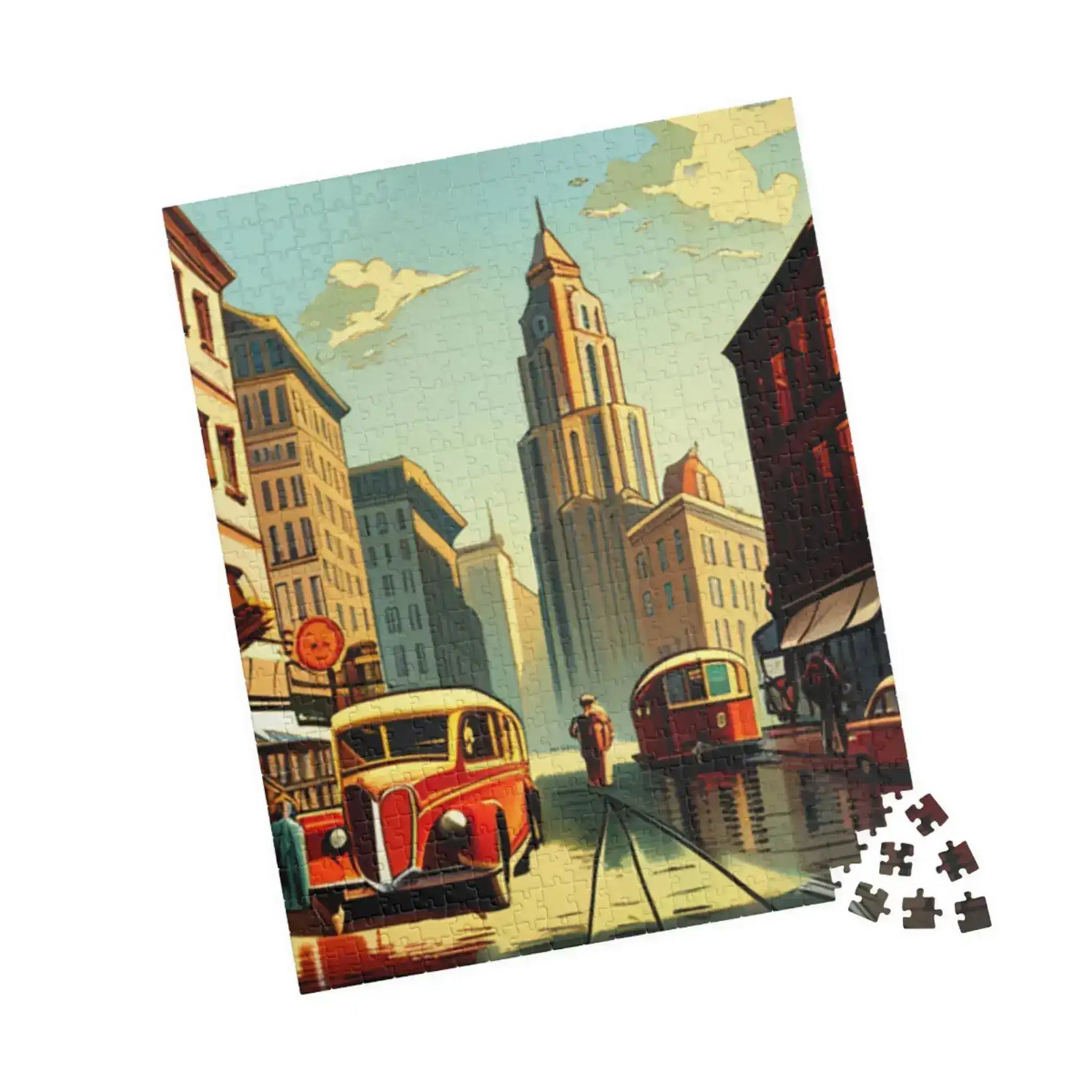 Standing Historical City puzzle of a vintage downtown, clock tower and trolley, loose pieces nearby