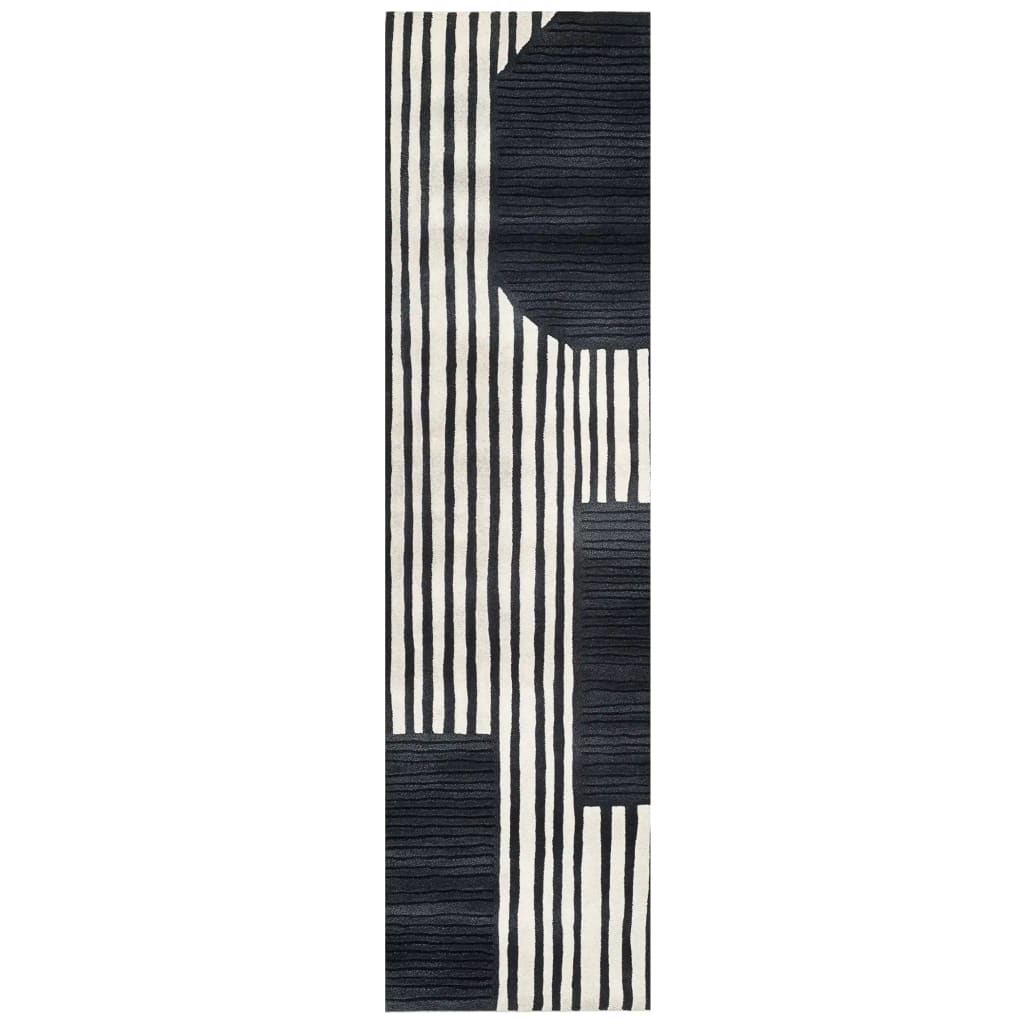 Elegant Star Dance Hand Tufted Wool Runner Rug featuring a contemporary black and white geometric design, ideal for use as kitchen rugs, bathroom runner rug, or hallway runner rug.