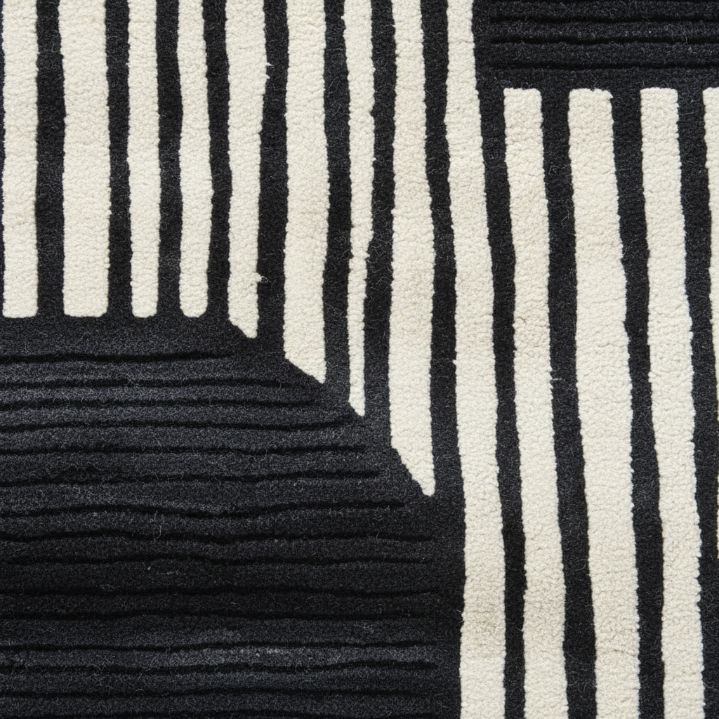 Close-up of a black and white striped patterned rug.