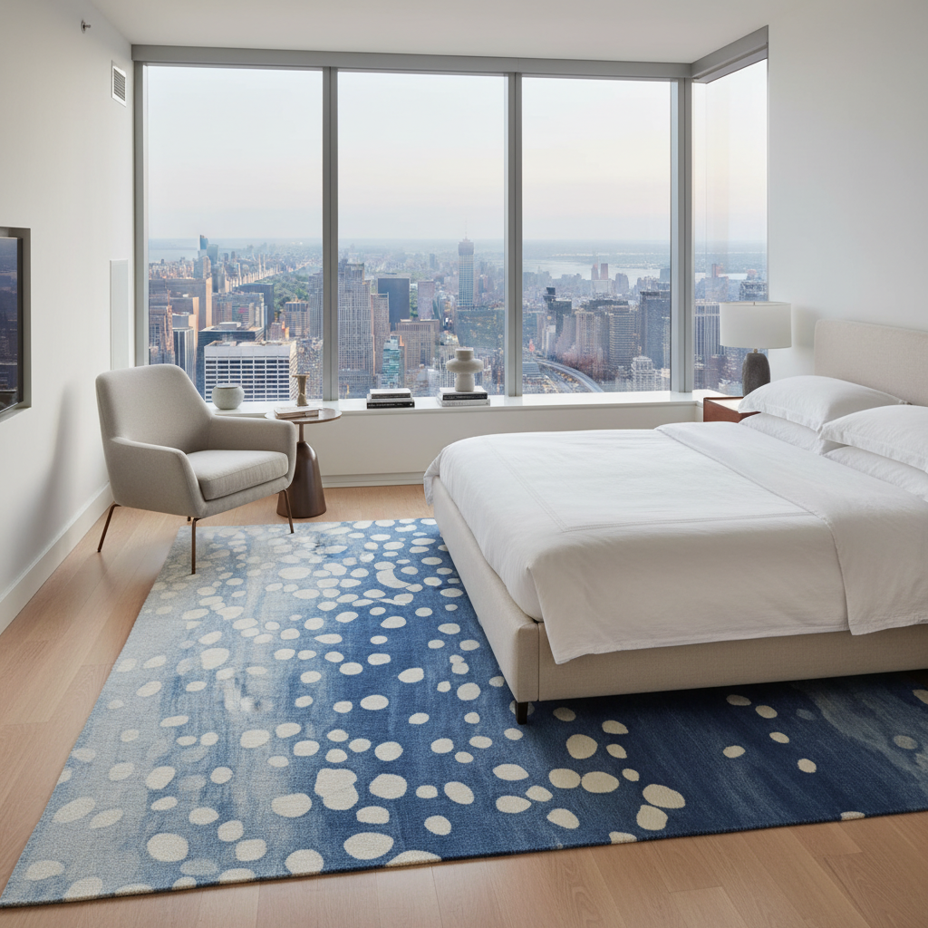 Modern bedroom with a blue polka dot rug, white bed, and city view.