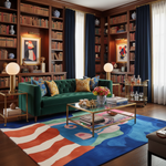 Luxurious living room with a green sofa, bookshelves, and a colorful rug.