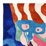 Vibrant and contemporary hand-tufted wool area rug, perfect for large living rooms. This square rug features an abstract design with bold colors including blue, red, and pink, making it an ideal choice for those seeking unique area rugs for living room decor.