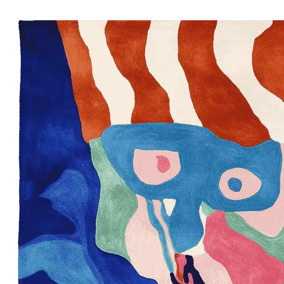 Vibrant and contemporary hand-tufted wool area rug, perfect for large living rooms. This square rug features an abstract design with bold colors including blue, red, and pink, making it an ideal choice for those seeking unique area rugs for living room decor.