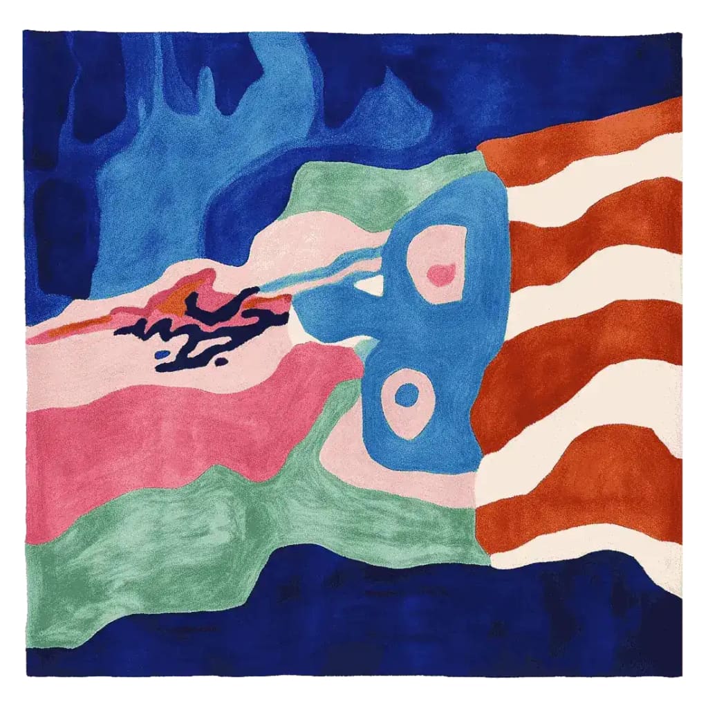 A vibrant and contemporary hand-tufted area rug featuring an abstract design with bold colors like blue, pink, green, and orange. This square wool rug is perfect for enhancing large living room spaces with its artistic flair.