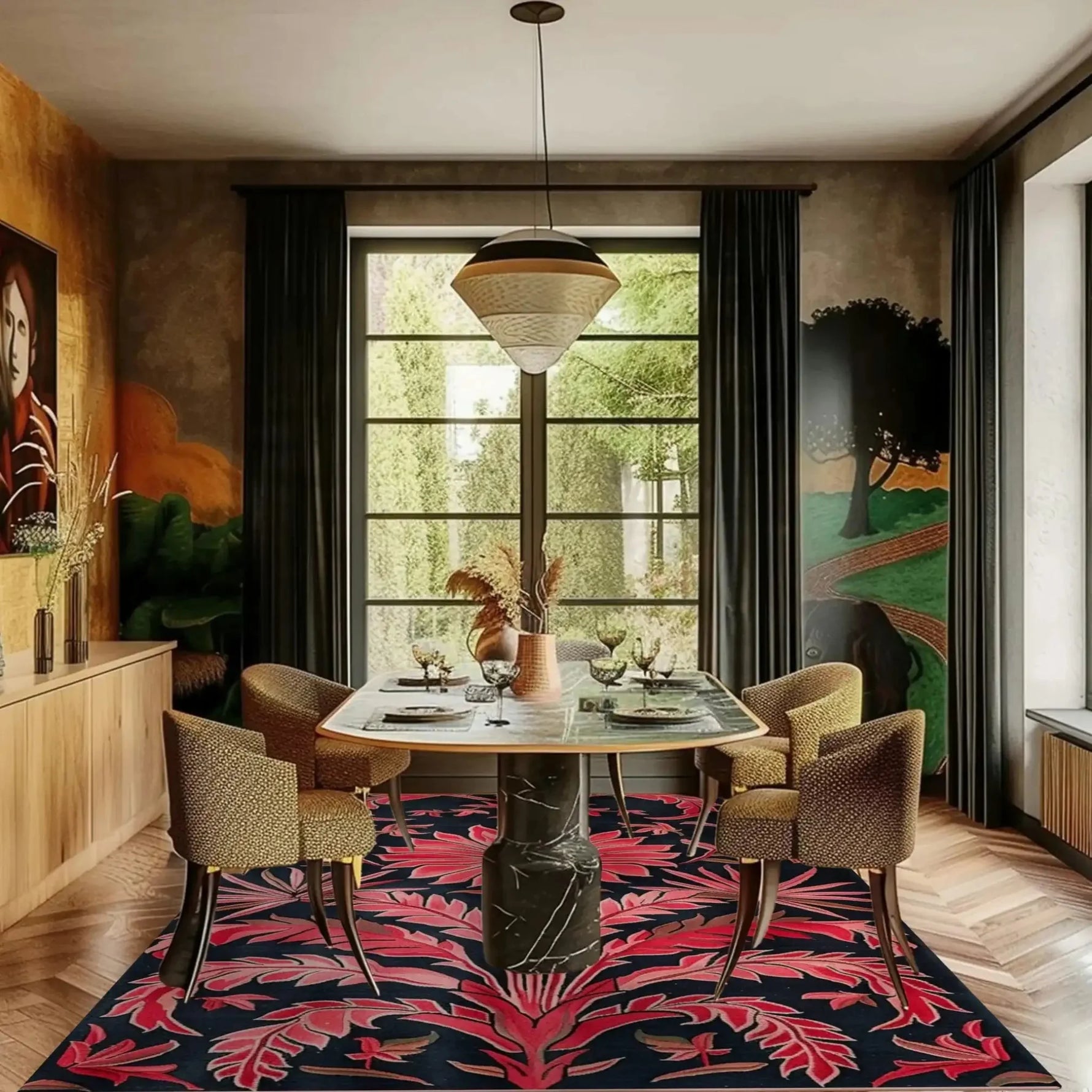 Coral and navy floral garden rug filling a dining nook with upholstered chairs and pendant light