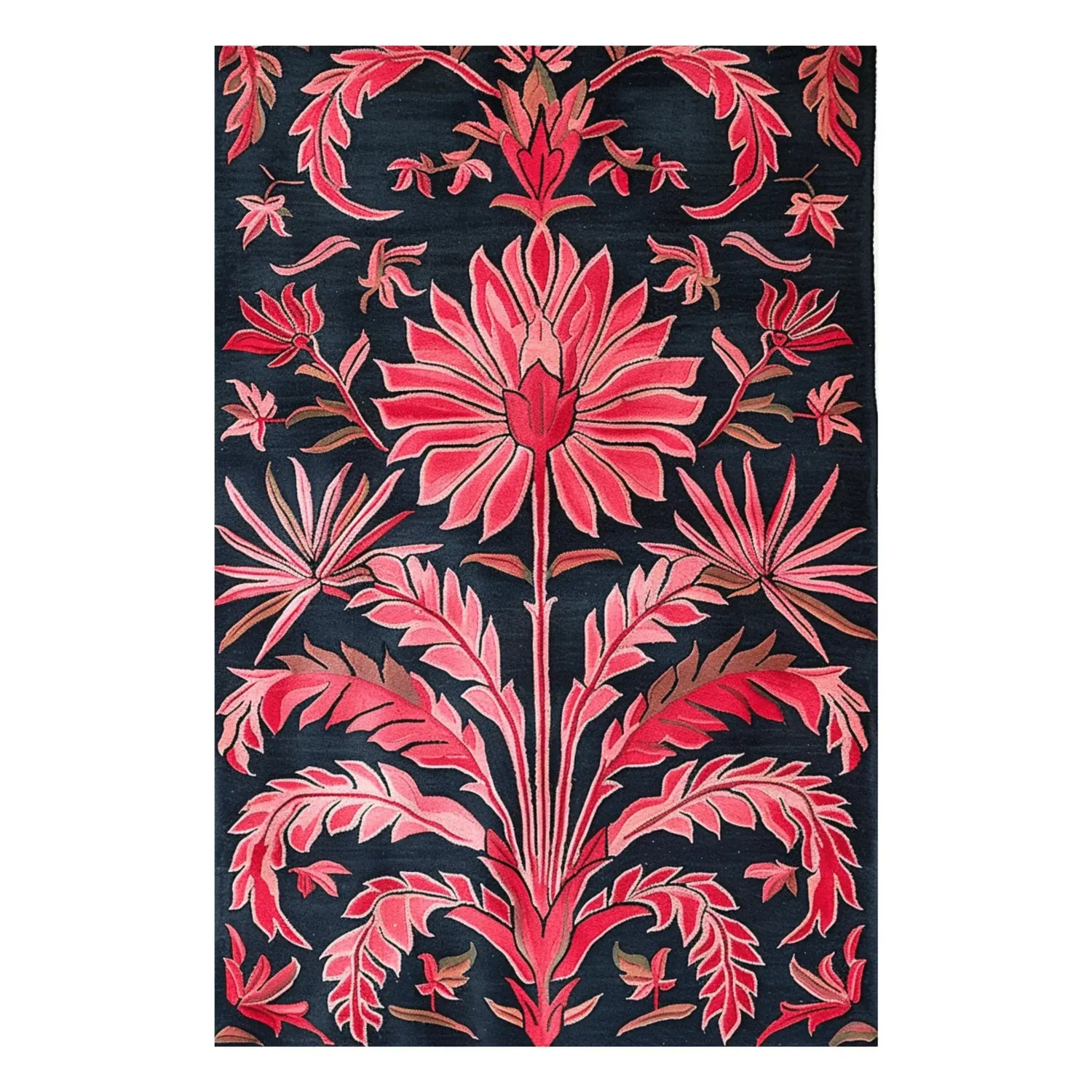 Starry pink garden rug with coral floral and palm-leaf motifs on a near-black navy ground