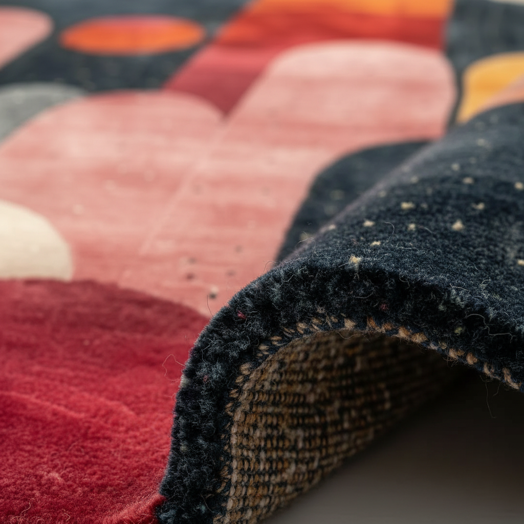 Close-up of a multicolored textured rug with a focus on the edge.