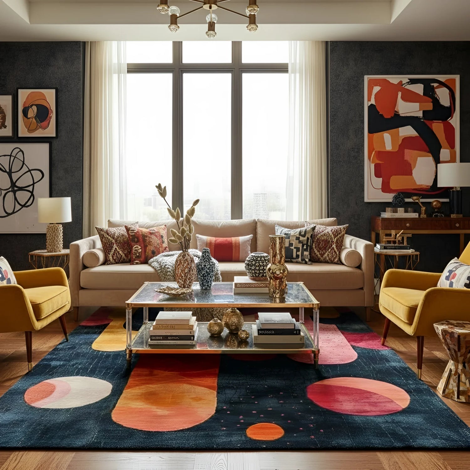 Modern living room with a beige sofa, colorful rug, and abstract art on walls.