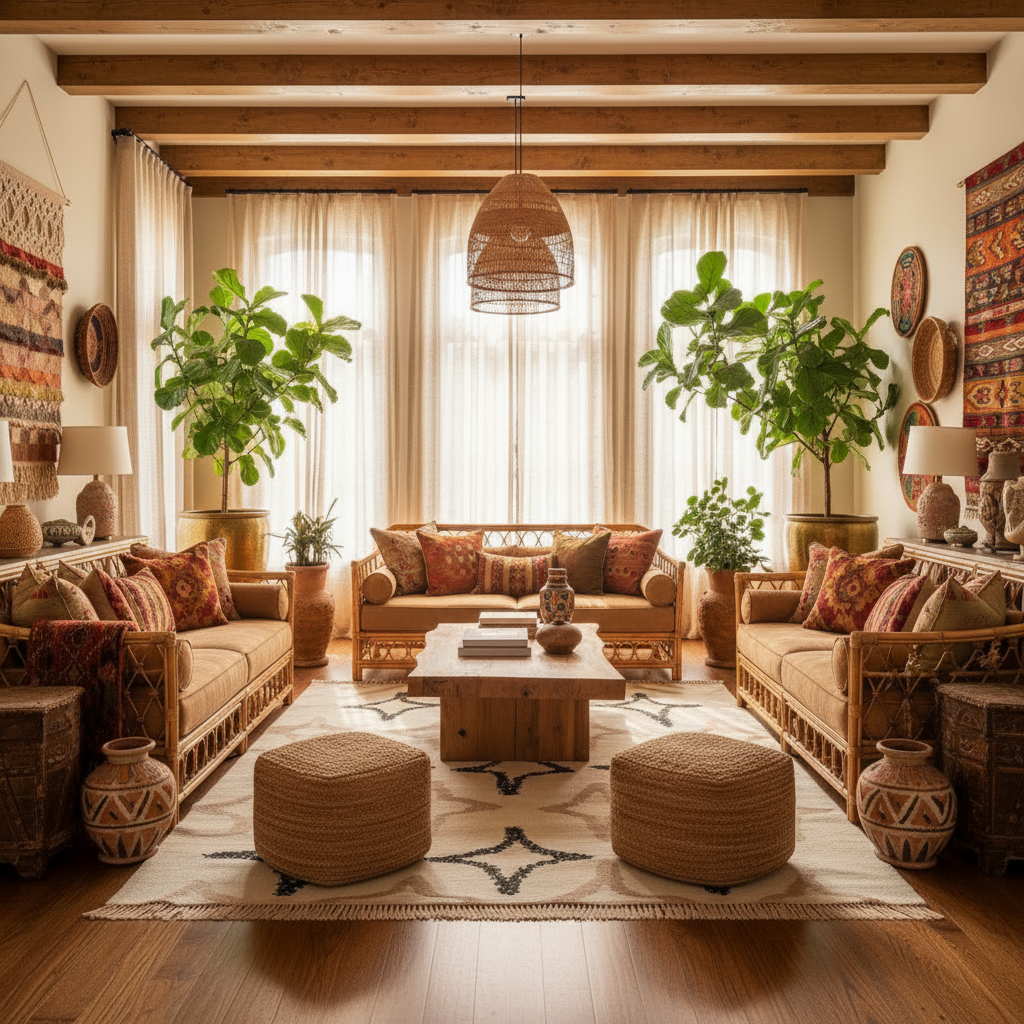 Cozy living room with wooden furniture, plants, and decorative items.