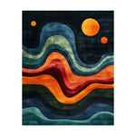 Stellar Stripes hand tufted wool rug, wavy horizontal stripes in navy sage orange red teal on dark ground, front view