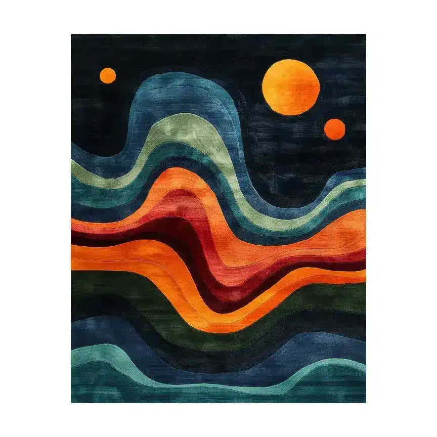Stellar Stripes hand tufted wool rug, wavy horizontal stripes in navy sage orange red teal on dark ground, front view