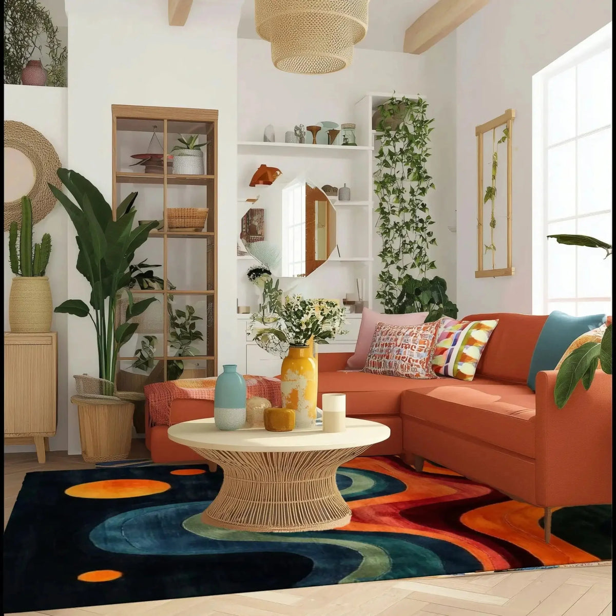 Stellar Stripes wool rug in boho living room with terracotta sectional and rattan pendant, navy base wavy orange teal