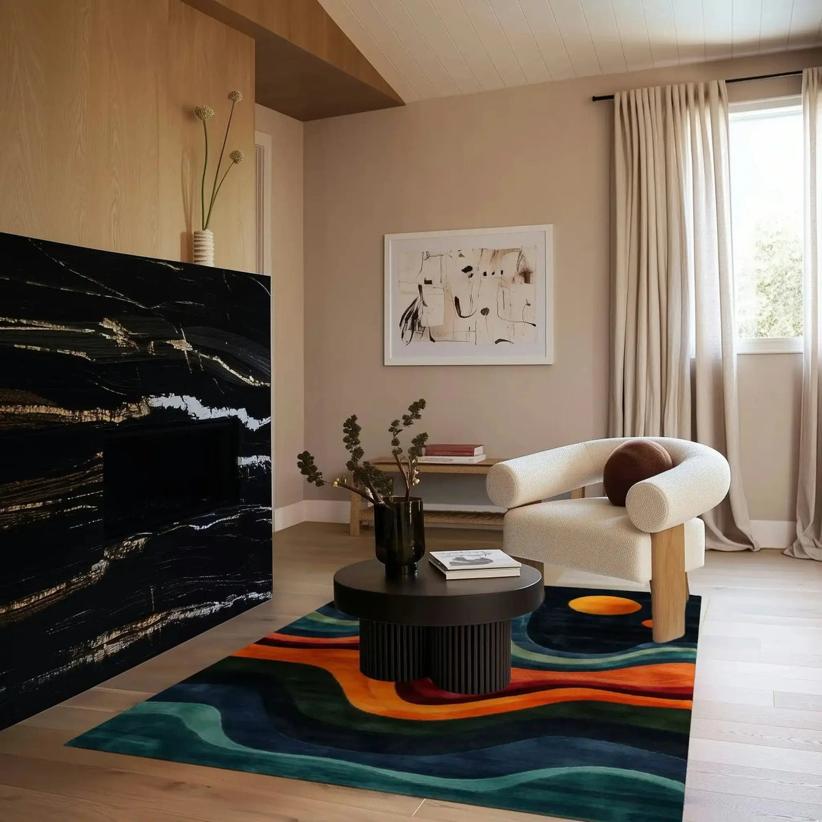 Stellar Stripes wool rug in minimal living room with cream boucle chair and black marble fireplace, colorful wave stripes