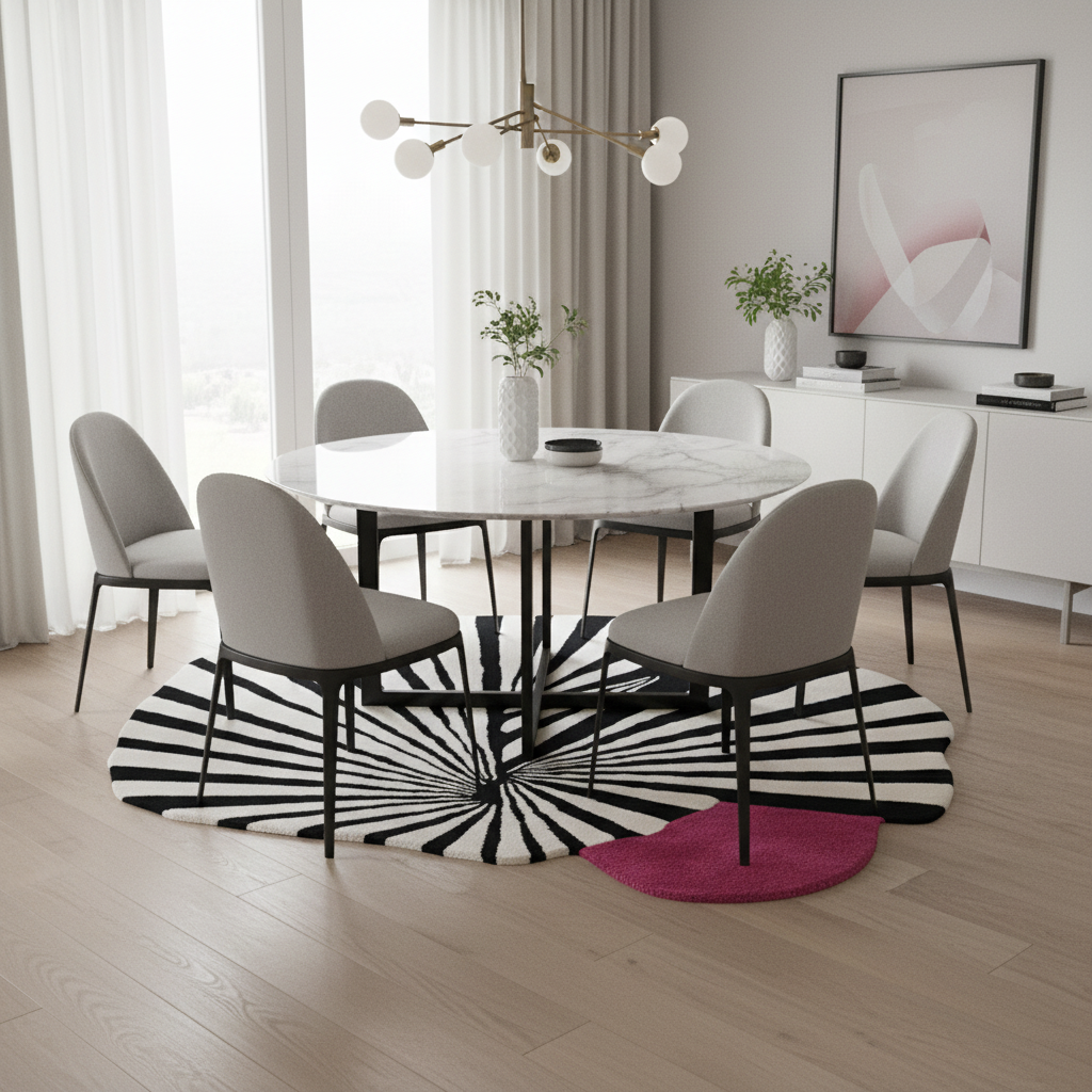 Modern dining room with a round black and white rug and a pink rug.