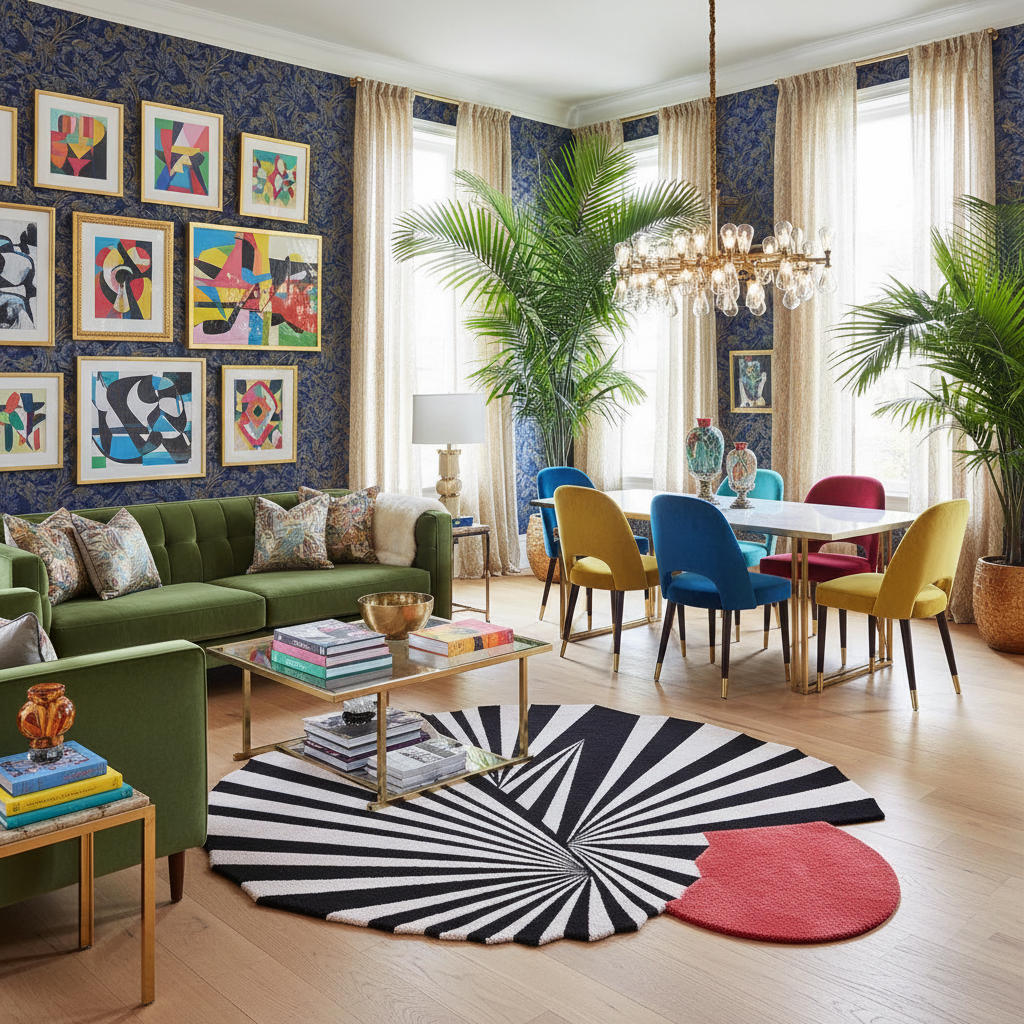 Modern living room with colorful furniture an abstract wool rug, and abstract art on the walls.
