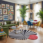 Modern living room with colorful furniture an abstract wool rug, and abstract art on the walls.