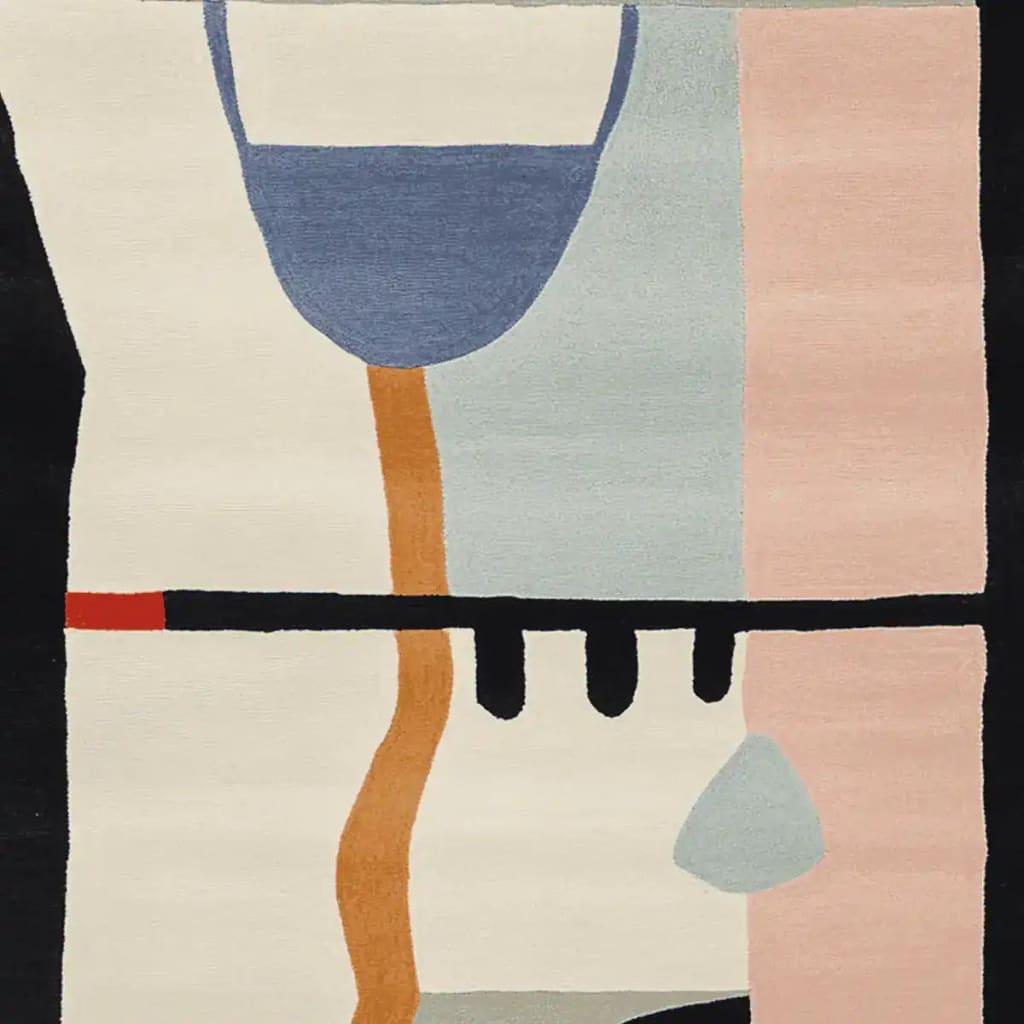 This vibrant area rug features an abstract design with geometric shapes in shades of blue, pink, and orange against a neutral background, perfect for adding a contemporary touch to any living room. Ideal as a wool rug for living room rugs 8x10, this piece combines style with comfort.