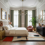 Modern bedroom with a bed, armchair, and decorative elements.