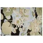 Top view of the Still Pond Serenity Hand Tufted Rug showcasing a tranquil design with soft blue and earthy tones, resembling serene pond lilies. Perfect for adding a touch of nature to any living room, this contemporary wool rug is an elegant choice for those seeking stylish area rugs for their living space.