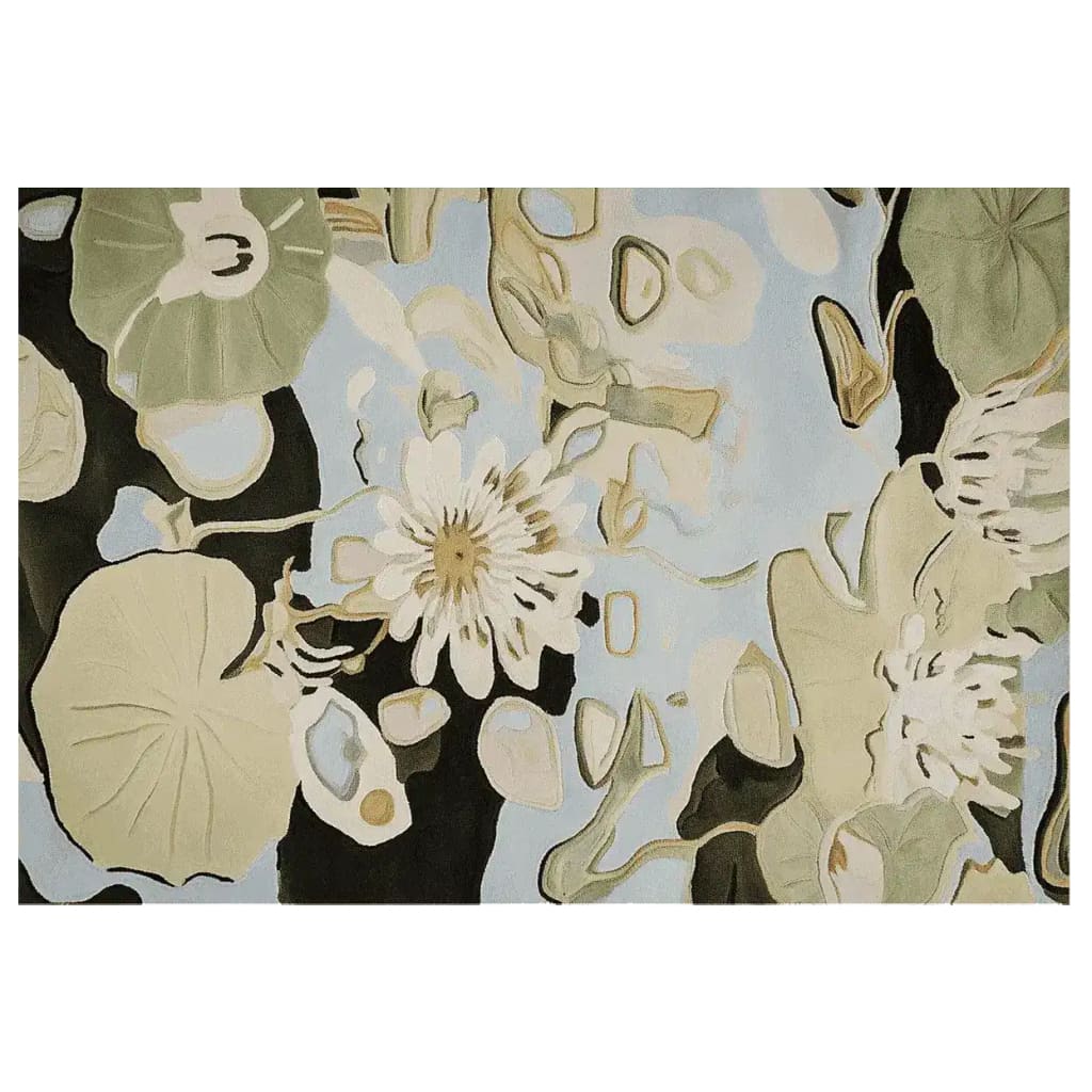 Top view of the Still Pond Serenity Hand Tufted Rug showcasing a tranquil design with soft blue and earthy tones, resembling serene pond lilies. Perfect for adding a touch of nature to any living room, this contemporary wool rug is an elegant choice for those seeking stylish area rugs for their living space.