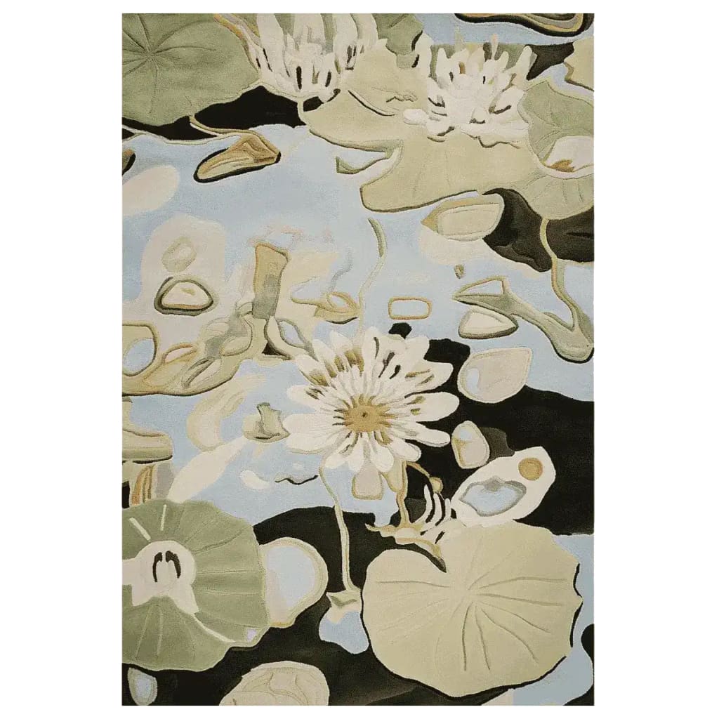 The Still Pond Serenity Hand Tufted Rug showcases a tranquil design of blooming lilies and abstract patterns, perfect for adding a touch of nature to any living room. This contemporary wool area rug captures a serene pond scene with soft hues of green and blue, making it an ideal choice for those seeking stylish and elegant living room area rugs.
