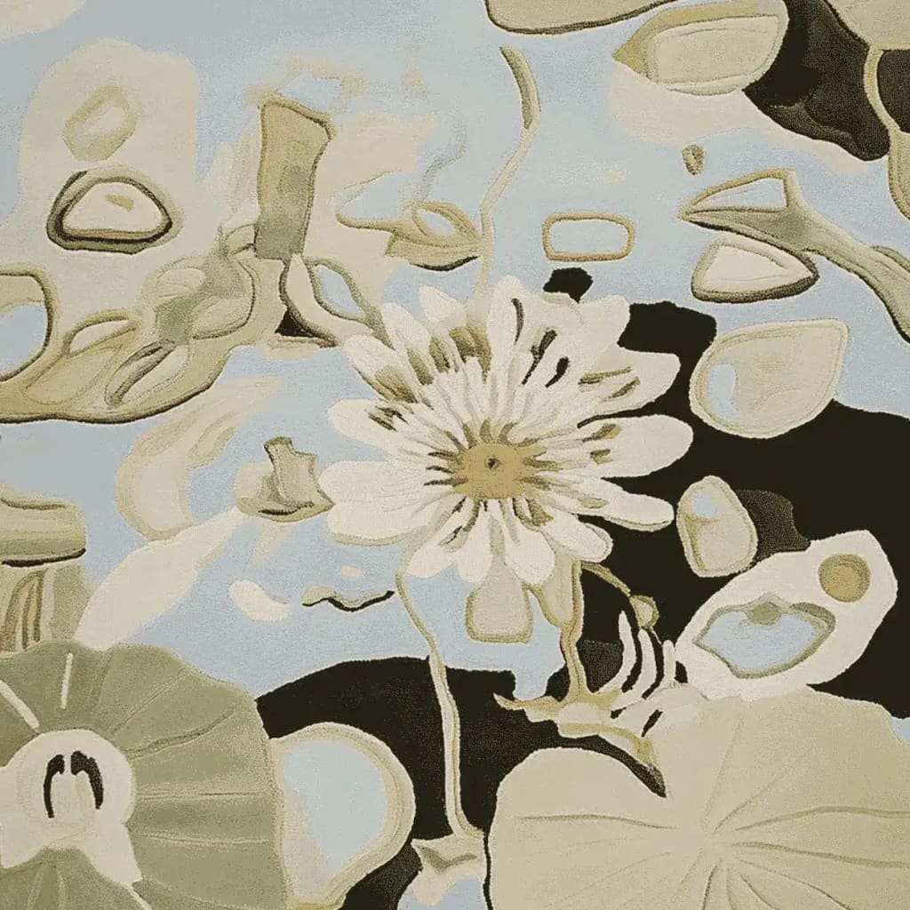 A serene and contemporary area rug featuring a hand-tufted design with abstract floral patterns in soft tones. This wool rug is perfect for enhancing the elegance of living room spaces, showcasing a blend of nature-inspired elements that contribute to a calming atmosphere.