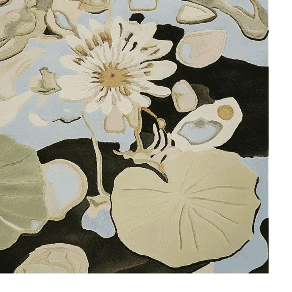 A serene and contemporary area rug featuring a hand-tufted design with abstract floral patterns resembling water lilies. This wool rug showcases soft hues of green, cream, and blue, perfect for adding a touch of elegance to living room area rugs.