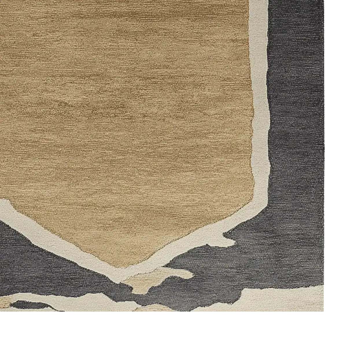 Top view of the Stone Dune Border Hand Tufted Rug, showcasing its contemporary design with earthy tones. This wool area rug is perfect for enhancing modern living rooms. Ideal as a living room area rug, especially in an 8x10 size, providing warmth and style.